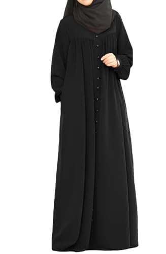 Women's Long Burqa, Button-Down Front, Long Sleeves with Belt, Black