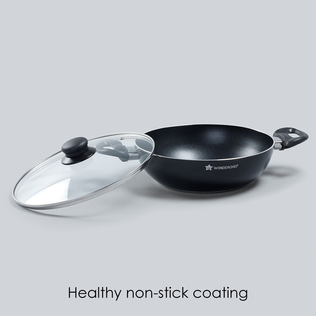 Ultra 24 cm Aluminium Non-Stick Wok | 2.7 L| Induction base| Meta-Tuff non-stick coating | Ideal for saute, roasting and healthy cooking| Black