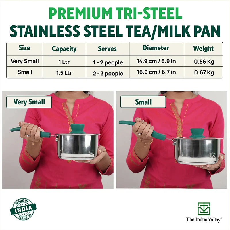 Tri-Steel Stainless Steel Tea/Milk Pan+ Lid, Premium Quality, Tri-ply (3 Layer) Bottom, Soft-touch Handle, 100% Toxin-free, Non-stick, Induction & Gas, 1/1.5 L, 14.9/16.9 cm