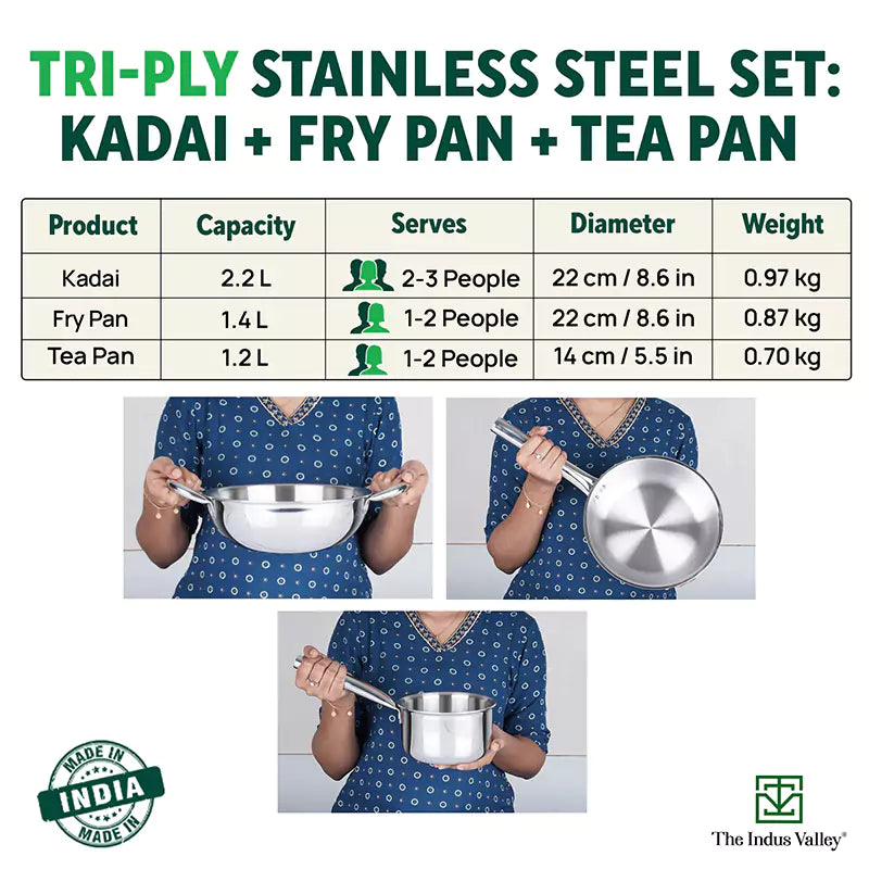 TurboCuk Tri-ply Stainless Steel Cookware Set: 2.2L Kadai+ 1.4L Frypan+ 1.2L Tea/Milk pan, Premium Quality, 3 Layer Thick Body, 100% Toxin-free, Non-stick, Induction & Gas