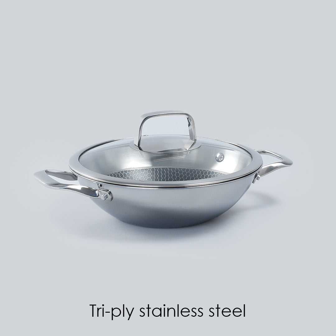 Wonderchef Renewed Stanton 28 cm Non-stick Kadhai/Kadai with Lid - 3.4 Litre | 3 ply steel