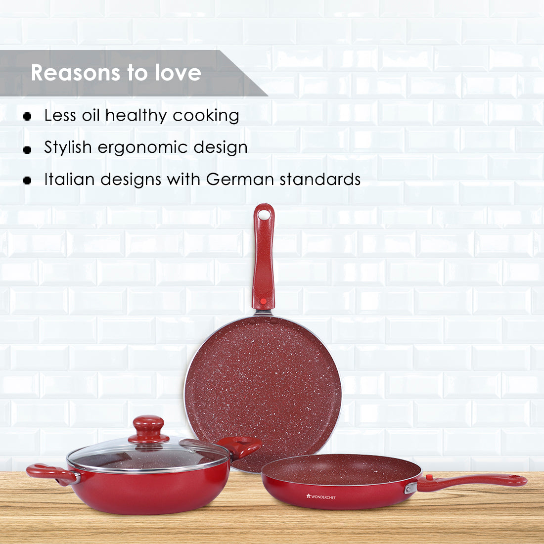 Ruby Plus Cookware Set, 4pc (Dosa Tawa, Fry Pan, Kadhai with Lid), Induction Friendly, Virgin Aluminum, PFOA/Heavy metal free, 2 Years Warranty, Dark Red