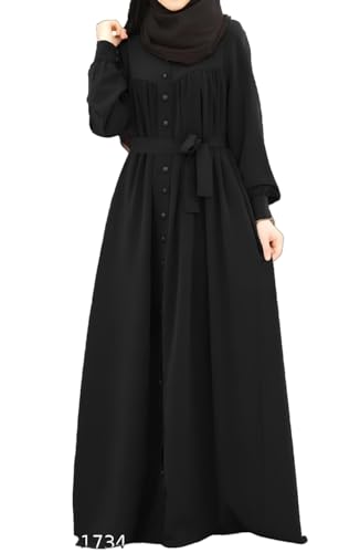 Women's Long Burqa, Button-Down Front, Long Sleeves with Belt, Black