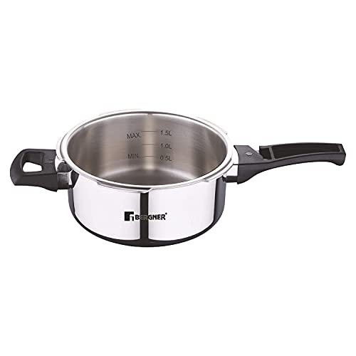 Bergner Argent Elements Triply 2.5 Litres Stainelss Steel Pressure Pan with Triple Safety System, Easy to Use & Hold Handles, Extra locking system