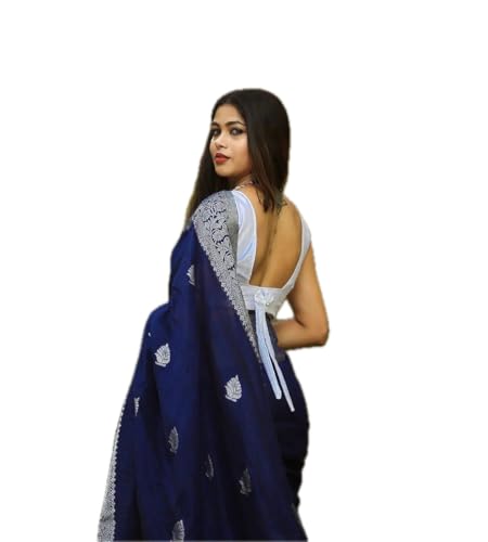 Women's Navy Silk Saree Indian And Pakistani Festival Sari With Blouse Material (NES8194 Navy 3)