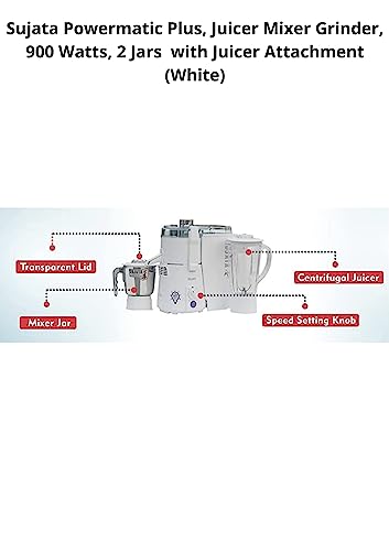 SUJATA Powermatic Plus, Juicer Mixer Grinder, 900 Watts, 2 Jars (White)