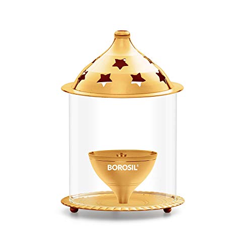 Borosil Akhand Diya Decorative Brass Glass Oil Lamp | Tea Light Holder | Diya with Borosilicate Glass | Puja Dia for Mandir | Lantern Diya with Glass Cover | Medium Size