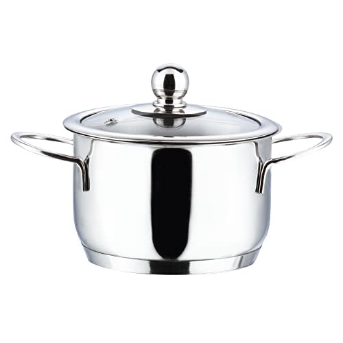 Vinod Stainless Steel Induction Friendly Tuscany Set 5 Pieces - Saucepan (14 cm/1.3 Litre), 3 Cassseroles (14 cm,16 cm & 18 cm/1.3,2 & 2.8 Litre), Frypan (18 cm) & 3 Glass Lids