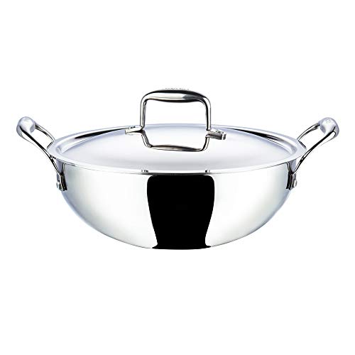 Vinod Platinum Triply Stainless Steel Extra Deep Kadai with Stainless Steel Lid 3.2 litres (24 cm Diameter) Silver (Induction and Gas Stove Friendly)
