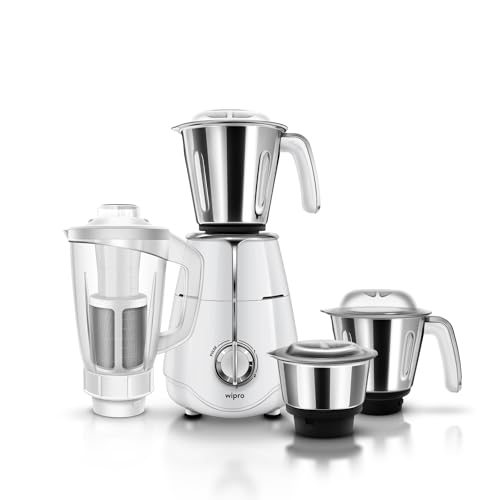 Wipro Elato FMG207 1000 Watt Mixer Grinder with 4 Jars(Wet Grinding Jar (1.5 L) + Dry Grinding Jar (1.2 L) + Chutney Jar (0.5 L) + Juicer (1.2 L)), 100% Copper Motor, 5 Years Motor Warranty,White
