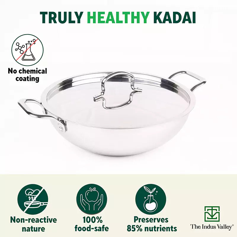 TurboCuk Tri-ply Stainless Steel Kadai+ Steel Lid, Premium Quality, 3 Layer Thick Body, 100% Toxin-free, Non-stick, Induction & Gas, 3L/3.5L/3.9L/4.5L
