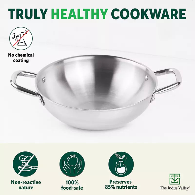 TurboCuk Tri-ply Stainless Steel Cookware Set: 2.2L Kadai+ 1.4L Frypan+ 1.2L Tea/Milk pan, Premium Quality, 3 Layer Thick Body, 100% Toxin-free, Non-stick, Induction & Gas