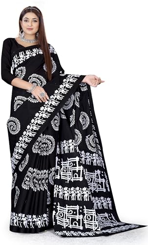 Women's - Regular Sari !! Hand Batik - Printed Pure Cotton Sari Black Saree With Blouse Piece