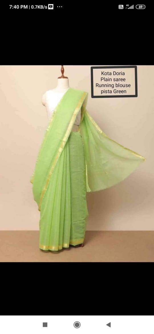 Anny Designer women's kota doria plain cotton saree/girl's sari with blouse piece (free size)(Apple Green)