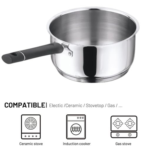 Vinod Stainless Steel Tivoli Saucepan Without Lid- Capacity 2.3 Litre (Induction and Gas Stove Friendly), Sturdy Riveted Virgin Bakelite Handles, 2 Year Warranty, Silver