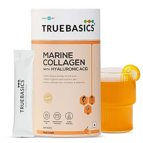 TrueBasics Marine Collagen With Clinically Researched Titagen Collagen, with Hyaluronic Acid, Biotin, Vitamin C & E, for Youthful Skin (15 Sachets, Orange)
