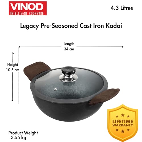 Vinod Legacy Pre-Seasoned Cast Iron Kadai with Lid 4.3 L Capacity (26 cm Diameter) - Induction and Gas Stove Friendly, Black