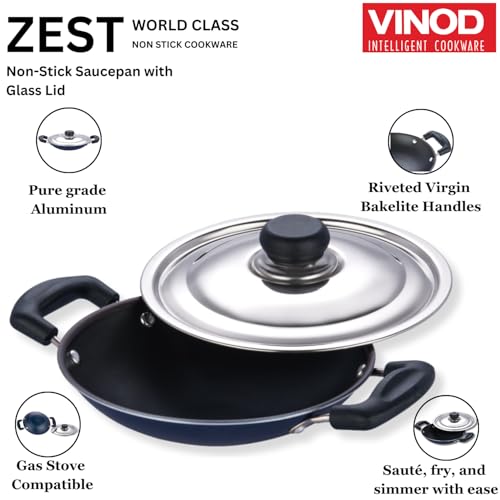 Vinod Zest Non Stick Appachetty with Lid - 20 cm| Appam Pan | 3 mm Extra Thick | 3 Layer Coating | Metal Spoon Friendly | Bakelite Handle | Gas Base | 1 Year Warranty - Blue