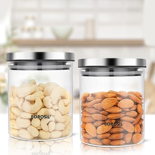 Borosil Classic Glass Jar, Air-Tight Storage Container For Kitchen, Glass Jar For Storing Spices, Snacks, Grains, Dals, Set of 2 (600 ml each), Clear