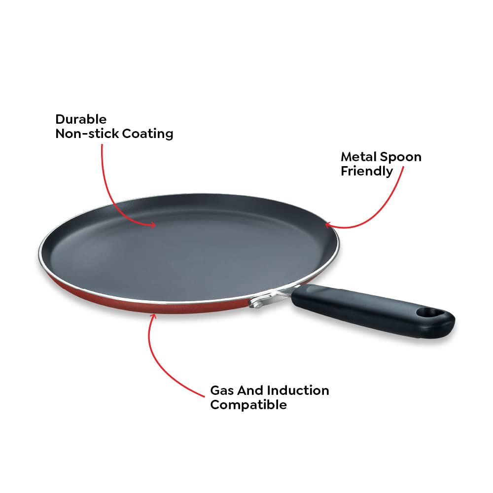TTK Prestige OMG DLX Omni Induction Base Non-Stick Aluminium Tawa, 280mm, Red