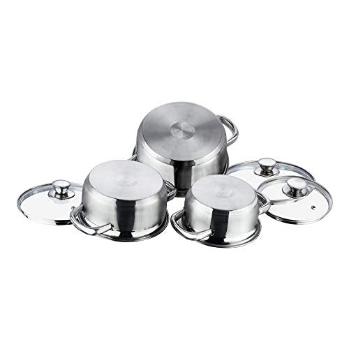 Vinod Stainless Steel Bremen Saucepot with Glass Lid - 2 Pieces, Capacity 1,1.5 and 2 Litre, Induction and Gas Stove Friendly, 2 Year Warranty, Silver