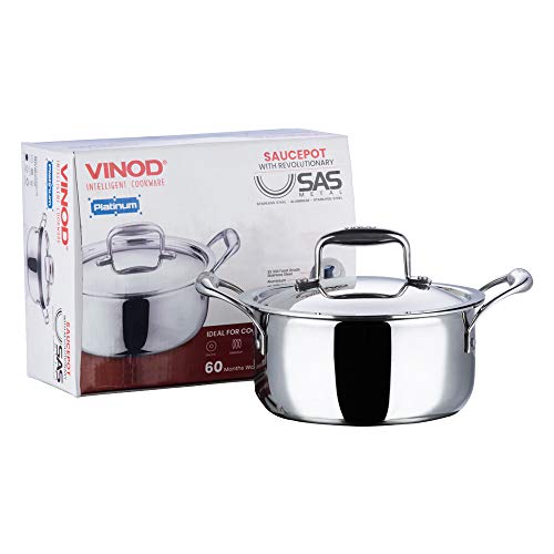 Vinod Platinum Triply Stainless Steel Saucepot with Stainless Steel Lid 3 litres Capacity (20 cm Diameter) with Riveted Handles - Silver (Induction and Gas Stove Friendly)