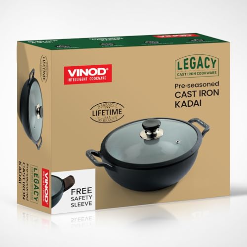 Vinod Legacy Pre-Seasoned Cast Iron Kadai with Lid 4.3 L Capacity (26 cm Diameter) - Induction and Gas Stove Friendly, Black