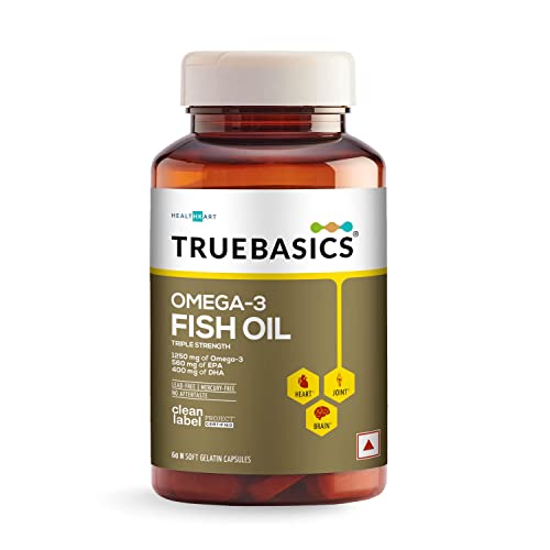 TrueBasics Omega 3 Fish Oil Capsules for Women & Men, 60 Capsules, Triple Strength with 1250 mg Omega 3, 560 mg EPA & 400 mg DHA, for Muscle Recovery, Healthy Heart, Joints & Brain