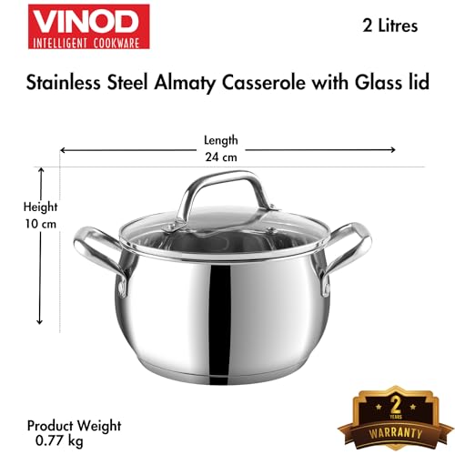 Vinod Stainless Steel Almaty Casserole with Glass Lid - 16 cm with Capacity 2 litres (Induction and Gas Stove Friendly) - 2 Years Warranty, Silver