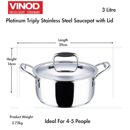 Vinod Platinum Triply Stainless Steel Saucepot with Stainless Steel Lid 3 litres Capacity (20 cm Diameter) with Riveted Handles - Silver (Induction and Gas Stove Friendly)