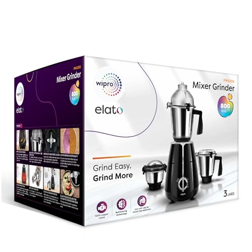 Wipro Elato FMG208 800 Watt Mixer Grinder with 3 Jars,Heavy Duty 100% Copper Ball Bearing Motor with 5 Year Warranty,Superfast Grinding,Clip Lids - Hands Free use, 3 Jars Mixer Grinder 800 Watt,Black