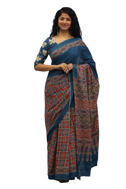 Tropwear Handicrafts Women's Ikat Hand Block Print Jaipuri Cotton Mulmul Saree with Blouse Piece - _SH_320