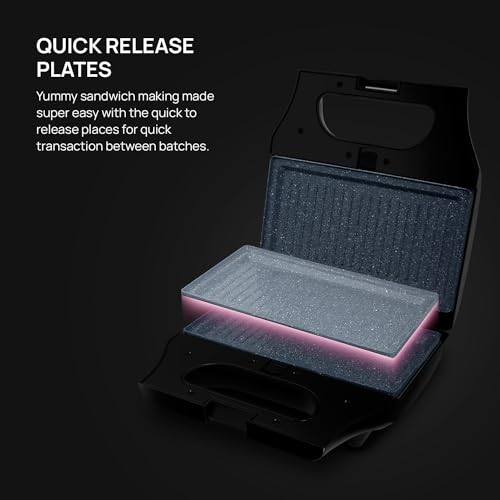 wipro Elato Bs302 800 Watt 3-In-1 Detachable Sandwich Maker, Removables Plates For Toaster, Griller & Waffle Maker, Non-Toxic Ceramic Coating,2 Year Warranty, Regular Bread Size For 2 Slices, Black