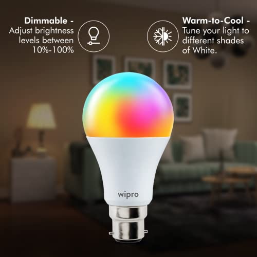 Wipro 9W B22D WiFi LED Smart Bulb with Music Sync Function, Compatible with Amazon Alexa and Google Assistant (16M Colours, Warm White/Neutral White/White + Dimmable) Pack of 1