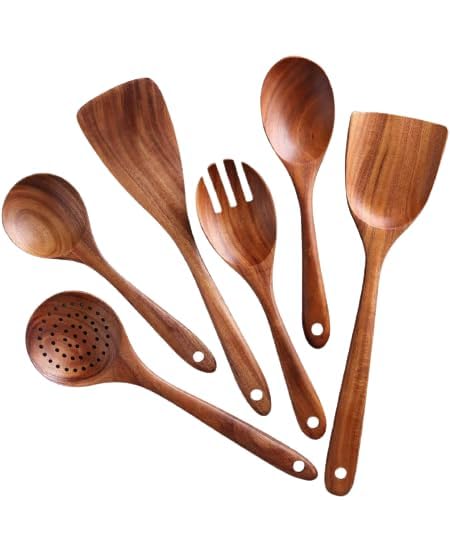 Uttam Essentials Wooden Cooking Utensil Set Non-Stick Pan Kitchen Tool Wooden Cooking Spoons and Spatulas Wooden Spoons for Cooking Salad Fork Cooking Spoon (Set of 6)