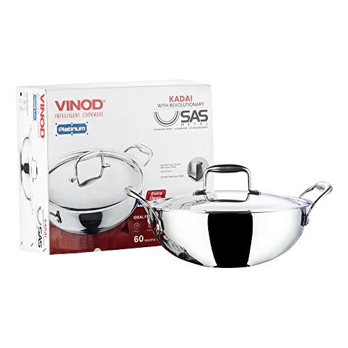 Vinod Platinum Triply Stainless Steel Extra Deep Kadai with Stainless Steel Lid 3.2 litres (24 cm Diameter) Silver (Induction and Gas Stove Friendly)