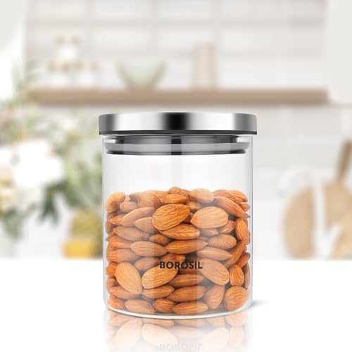 Borosil Classic Glass Jar, Air-Tight Storage Container For Kitchen, Glass Jar For Storing Spices, 600 ml, Clear