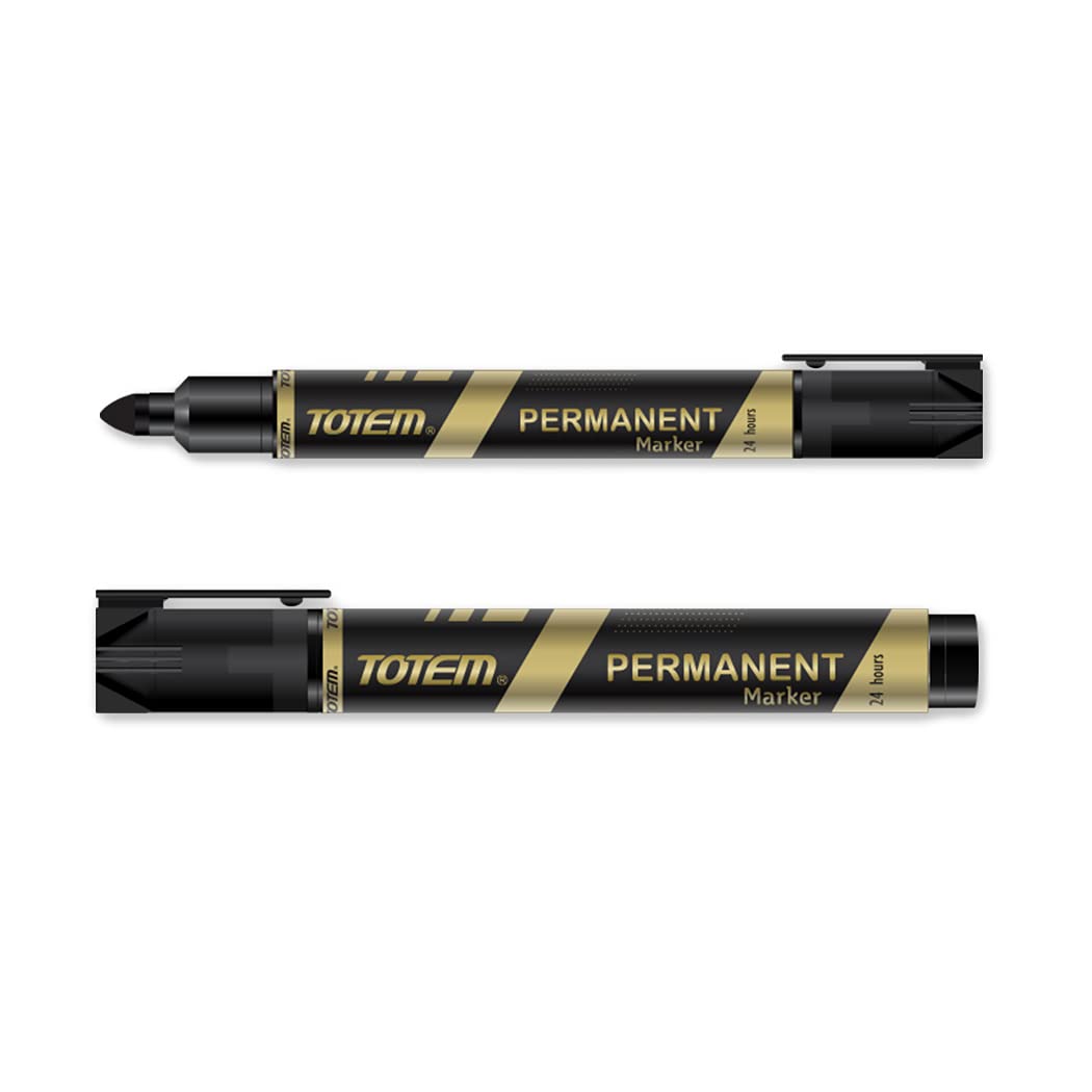 TOTEM Permanent Marker | 10 Black Ink Markers | Bullet Tip for Bold Writing | Suitable for Multiple Surfaces | Stationery Items | Students and Office Uses