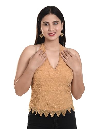 Women's Net Poncho Head Embroidered New Halter Neck Back Less Tops Blosue For Girls Tops For Sari (IN, Alpha, Free Size, Regular, Beige)
