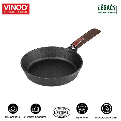 Vinod Legacy Pre-Seasoned Cast Iron Frypan of 24 cm Diameter with Tough Handle, Loha Frypan, Non Toxic, Enamel Free and Coating Free - Black, 1 Pc (Safety Sleeve Free)
