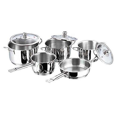 Vinod Stainless Steel Induction Friendly Tuscany Set 5 Pieces - Saucepan (14 cm/1.3 Litre), 3 Cassseroles (14 cm,16 cm & 18 cm/1.3,2 & 2.8 Litre), Frypan (18 cm) & 3 Glass Lids