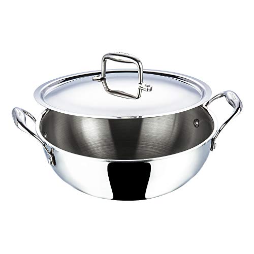 Vinod Platinum Triply Stainless Steel Extra Deep Kadai with Stainless Steel Lid 3.2 litres (24 cm Diameter) Silver (Induction and Gas Stove Friendly)