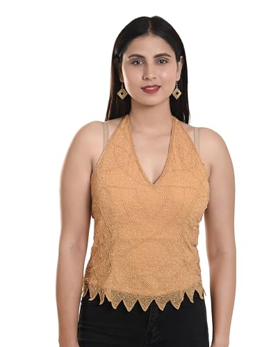 Women's Net Poncho Head Embroidered New Halter Neck Back Less Tops Blosue For Girls Tops For Sari (IN, Alpha, Free Size, Regular, Beige)