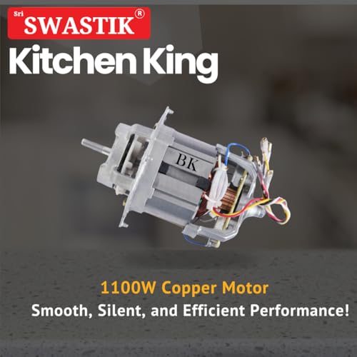 Sri Swastik Kitchen King 1100W Mixer Grinder - Powerful 3-Jar Set with Stainless Steel Jars, Copper Motor, Silent Operation, and Overload Protection