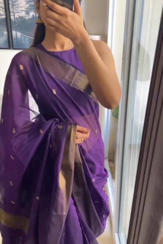 WILLFE Women's Cotton Soft Silk Jamdani Sarees With Attach Unstitched Blouse Piece (Purple)