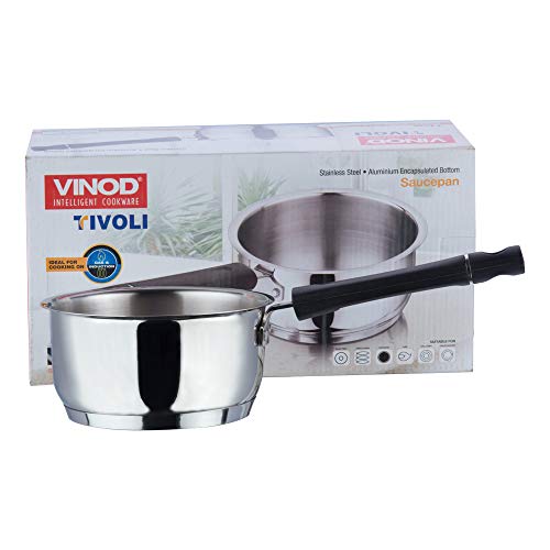 Vinod Stainless Steel Tivoli Saucepan Without Lid- Capacity 2.3 Litre (Induction and Gas Stove Friendly), Sturdy Riveted Virgin Bakelite Handles, 2 Year Warranty, Silver