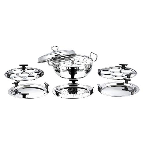 Vinod 6 Pc Stainless Deluxe Multi Kadai Set: 2 Idli Plates,2 Dhokla Plates,1 Patra Plate & 1 Mini Idli Plate- 2Yr Warranty,Silver (Induction Friendly)