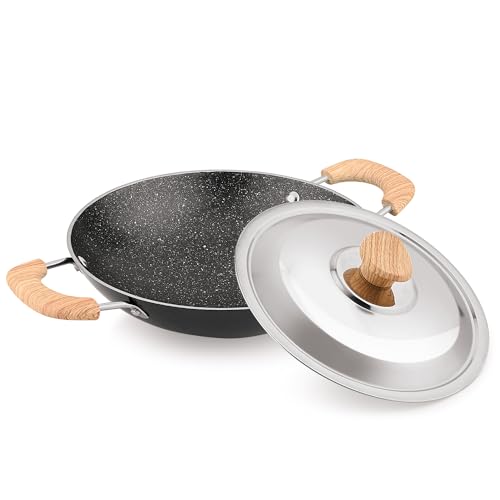 Bergner Bellini Plus Aura 5-Layer Non-Stick 20 cm Appachetty with Stainless Steel Lid, Wooden Finish Soft Touch Handle, Even Heat Distribution, PFOA Free, Gas Stove Compatible - Black