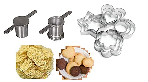 UROOJ Best Combo of Aluminium Kitchen Press ith 5Blades Snack/Noodles Press/Muruklu/Murukku Maker & M Tech 12 Pieces Cookie Cutter Stainless Steel Cookie Cutter with 4 Different Shape