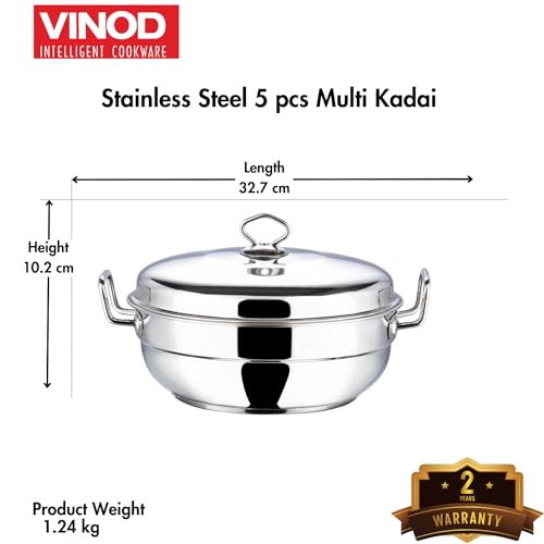 Vinod Stainless Steel 6 pcs Multi Kadai with Stainless Steel Lid, 2 Idli Plates, 2 Dhokla Plates and 1 Patra Plate - Silver (Induction and Gas Stove Friendly), 2 Years Warranty